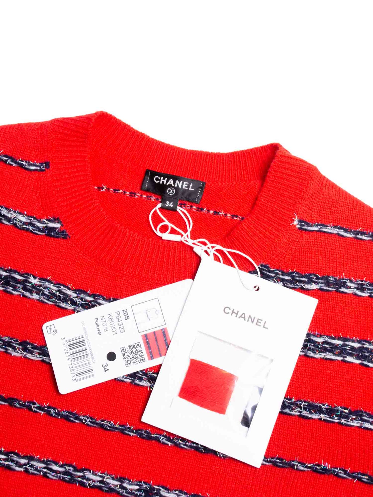 Chanel Sparkly Fringe Cashmere Stripe Cropped Sweater Red