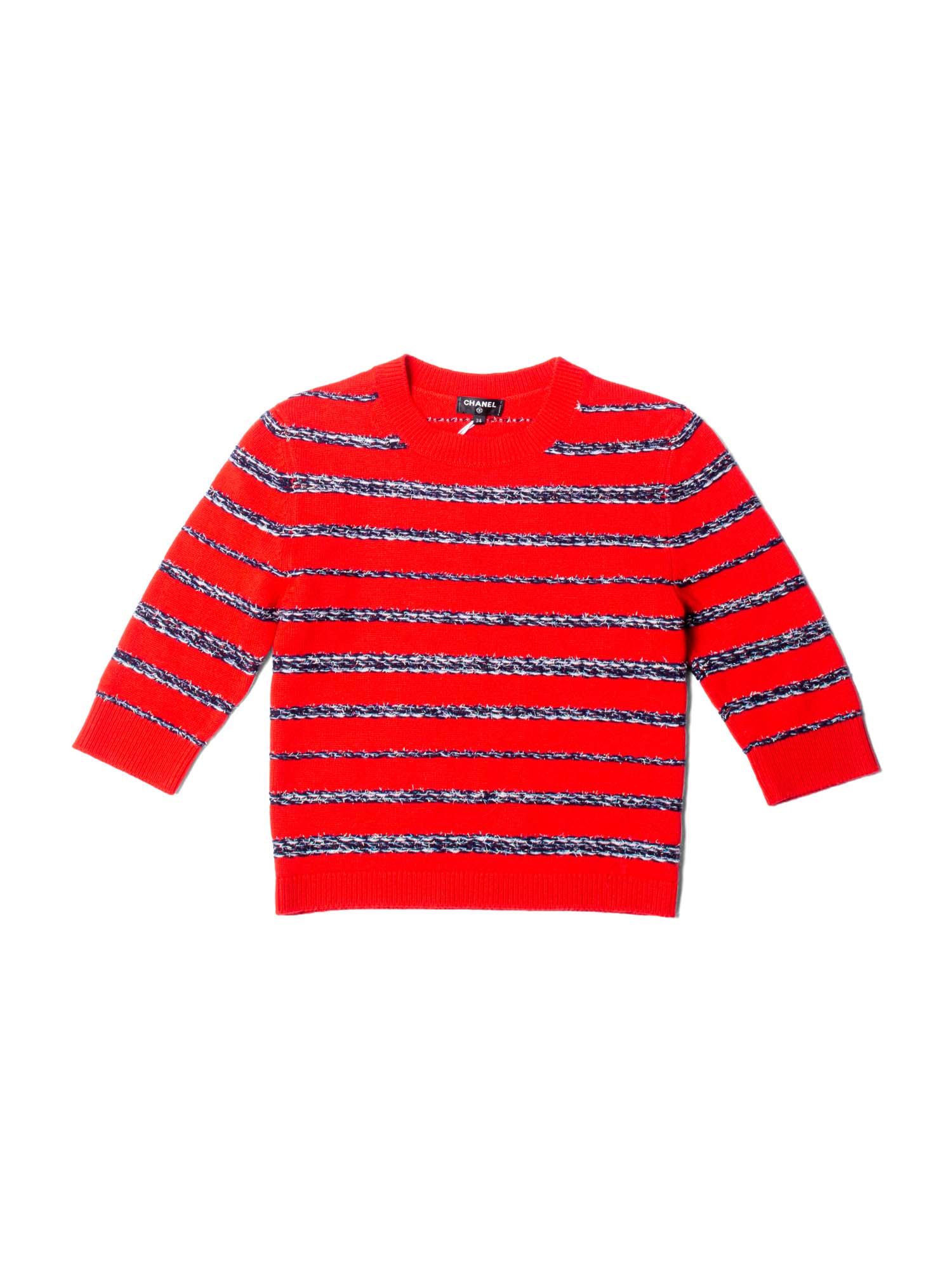 Chanel Sparkly Fringe Cashmere Stripe Cropped Sweater Red