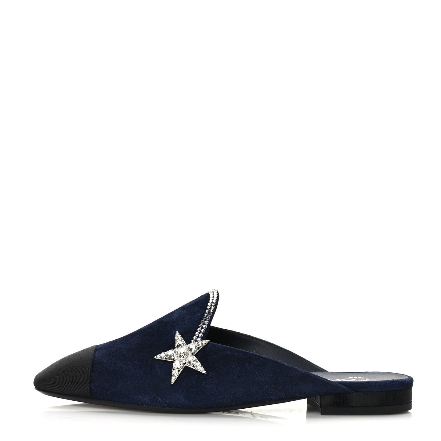 Chanel Suede Calfskin Grosgrain Crystal Cc Star Mules Bag