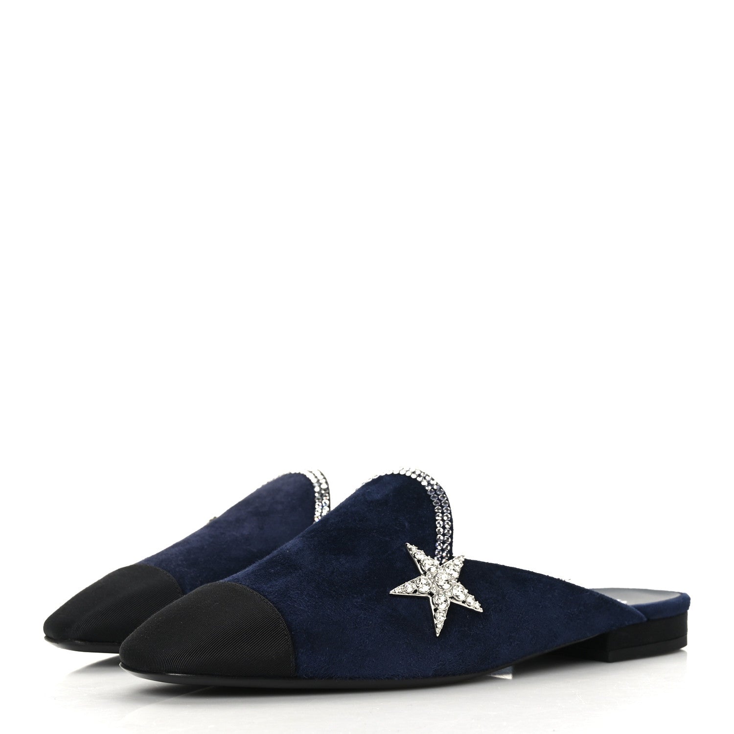 Chanel Suede Calfskin Grosgrain Crystal Cc Star Mules Bag