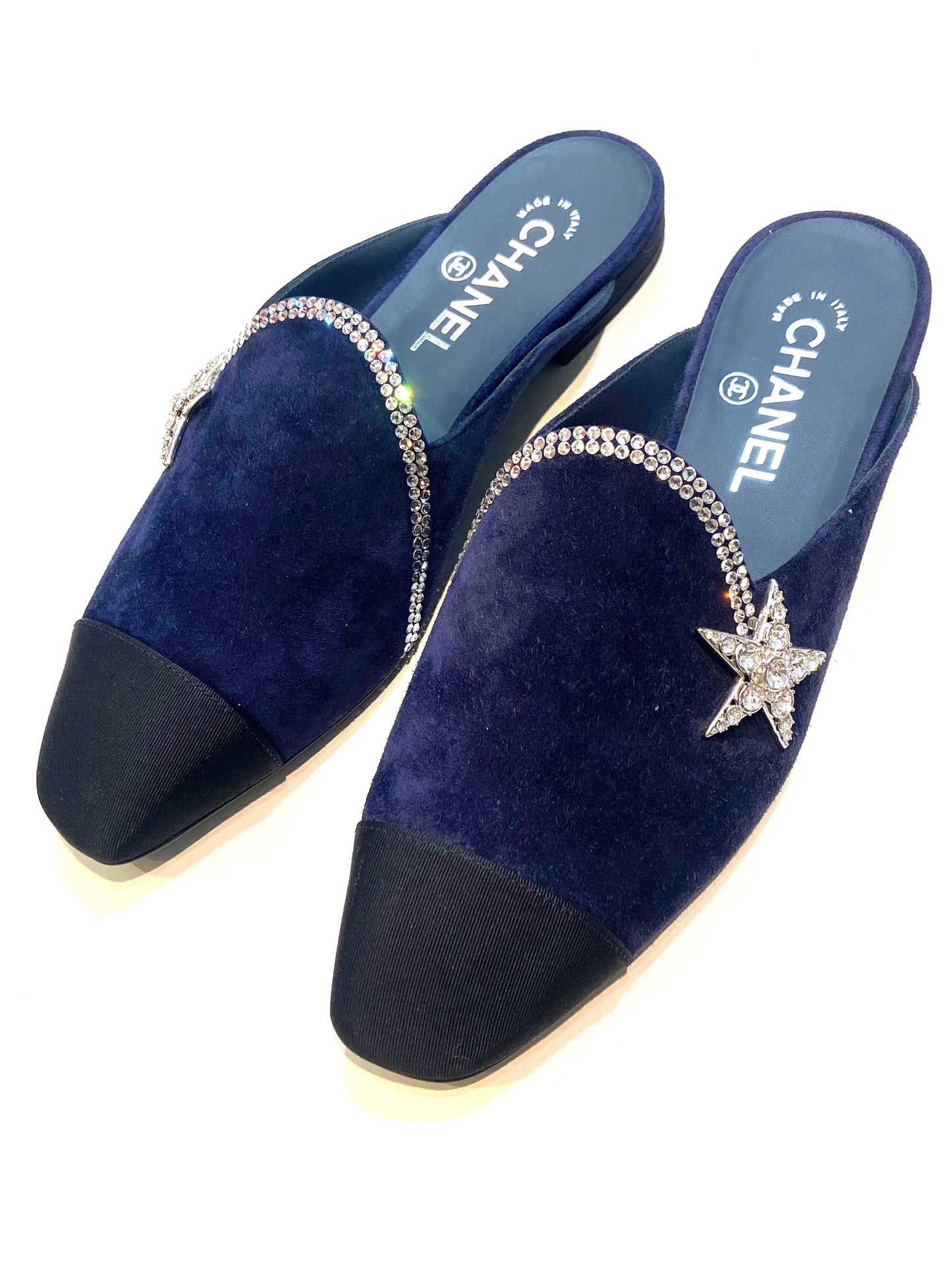 Chanel Suede Calfskin Grosgrain Crystal Cc Star Mules Bag