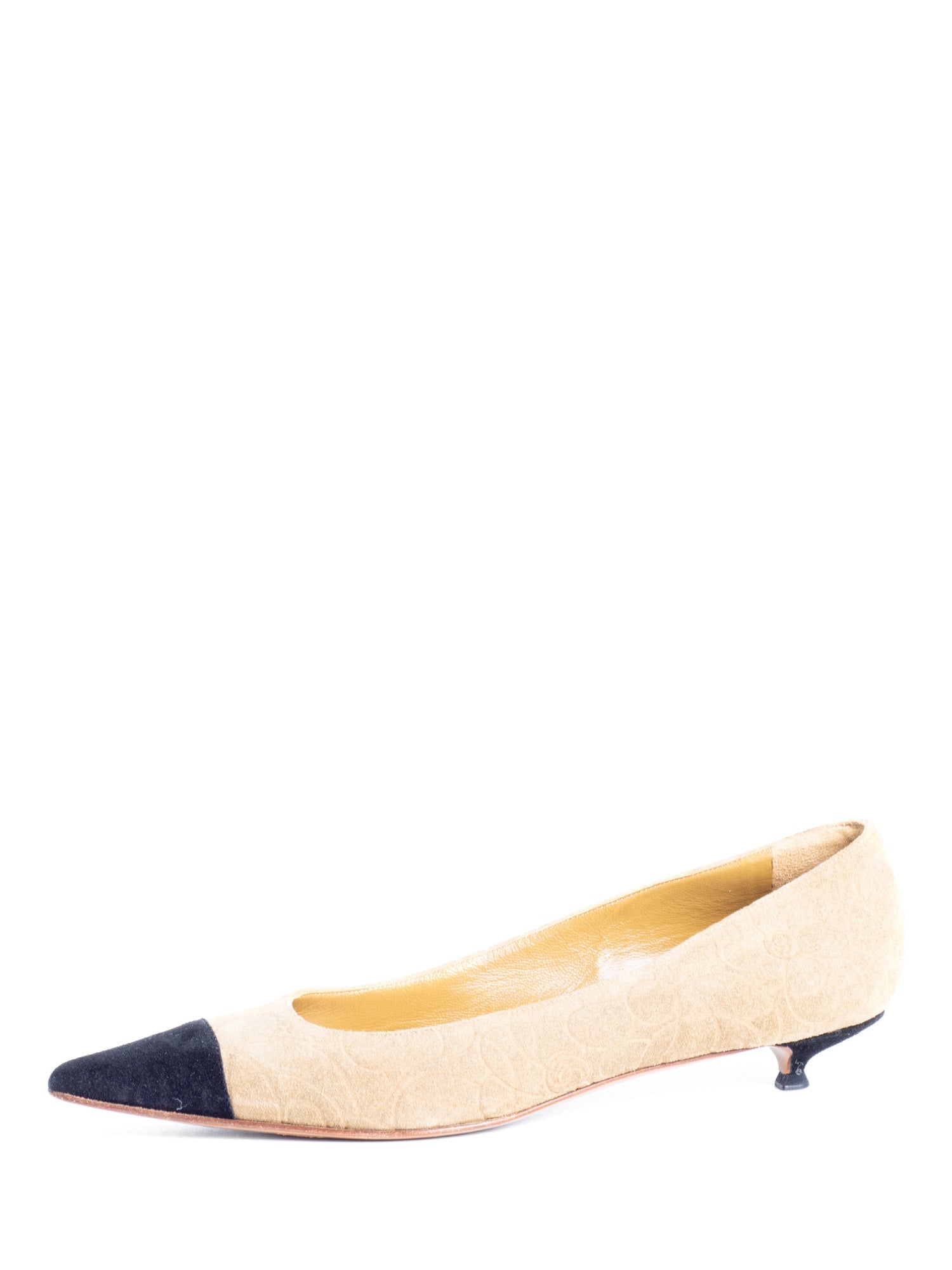 Chanel Suede Leather Camellia Cap Toe Kitten Heels Beige Black