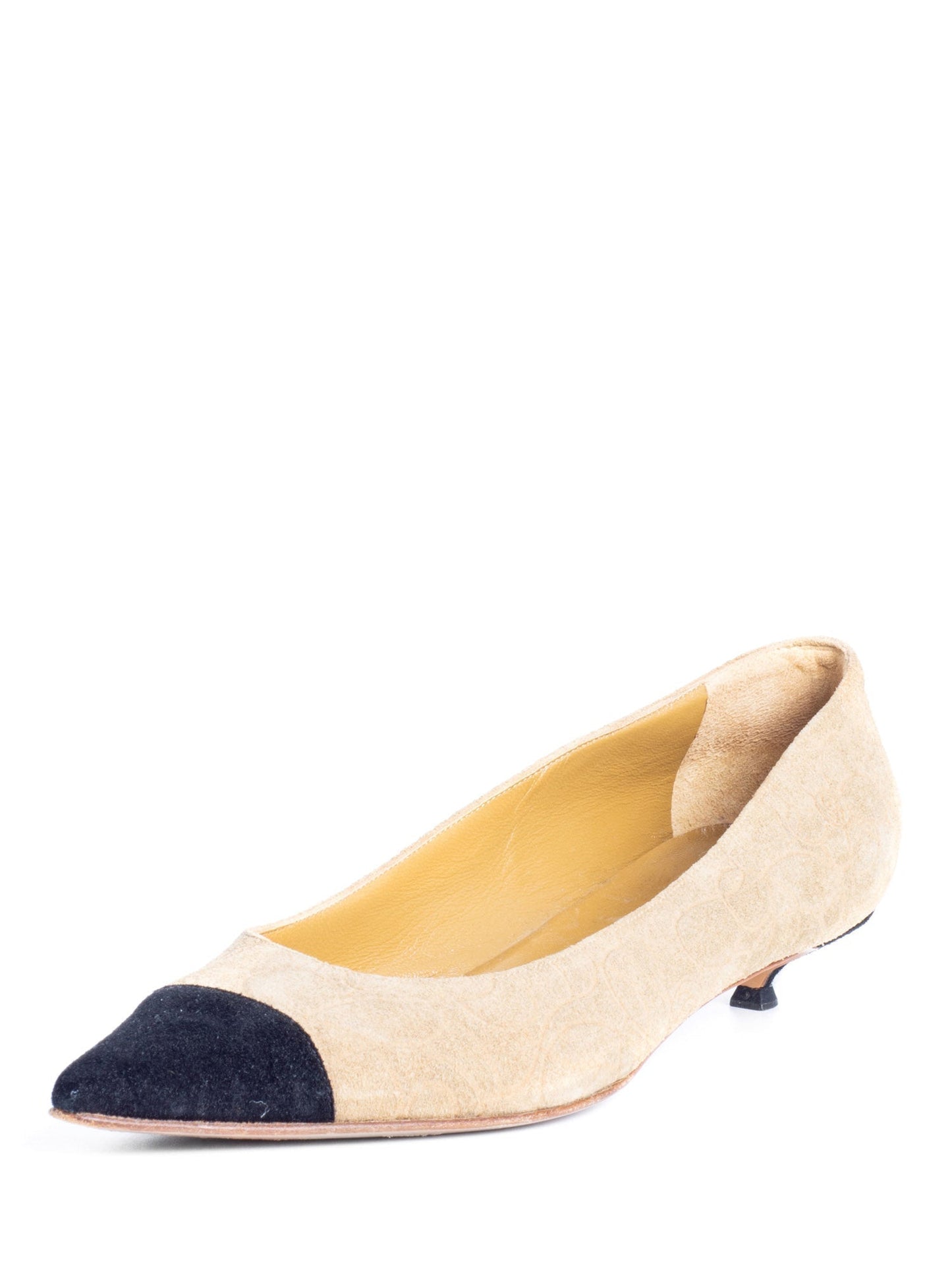 Chanel Suede Leather Camellia Cap Toe Kitten Heels Beige Black