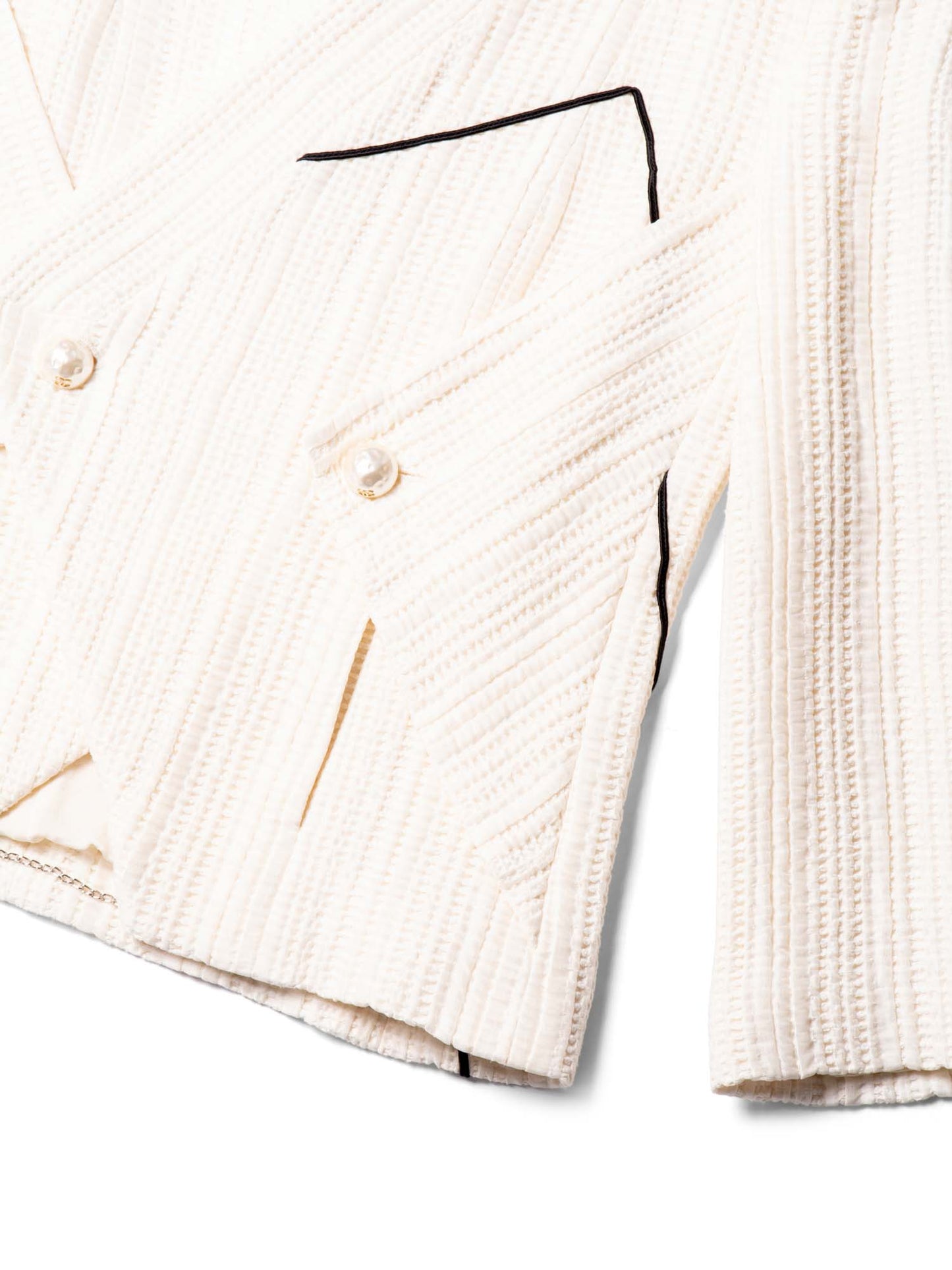 Chanel Tweed CC Logo Hammered Pearl Cut Out Jacket Ivory