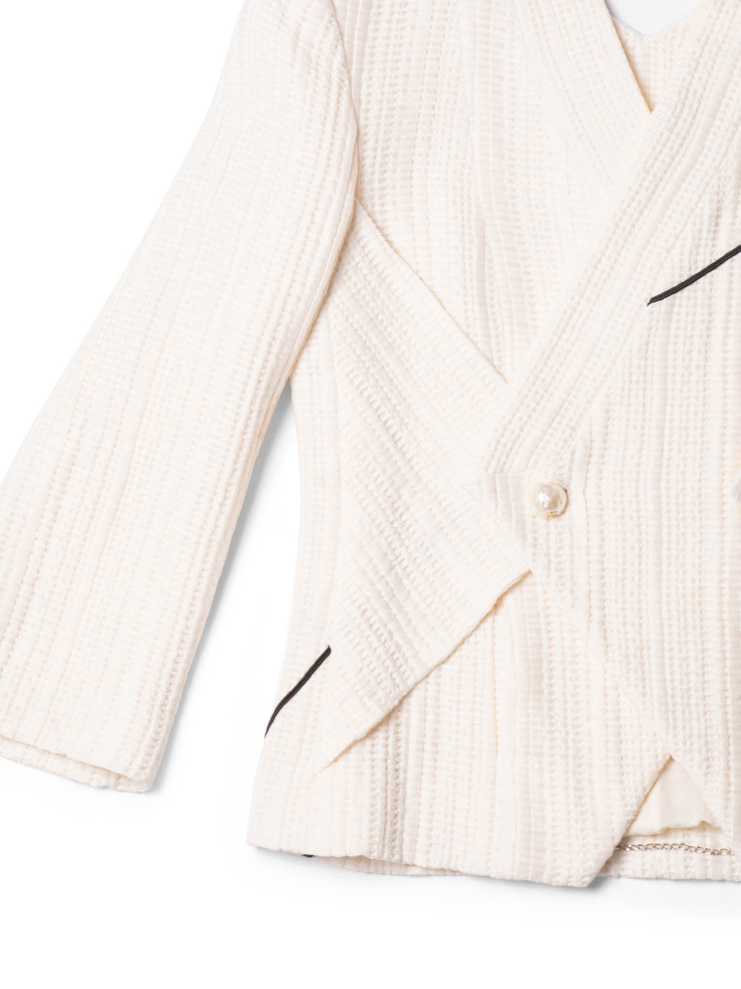 Chanel Tweed CC Logo Hammered Pearl Cut Out Jacket Ivory