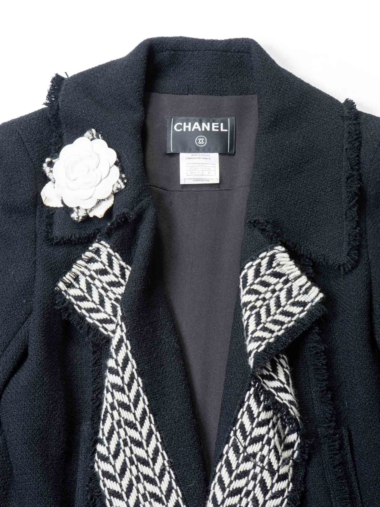 Chanel Tweed Camellia Flower Open Jacket Black White