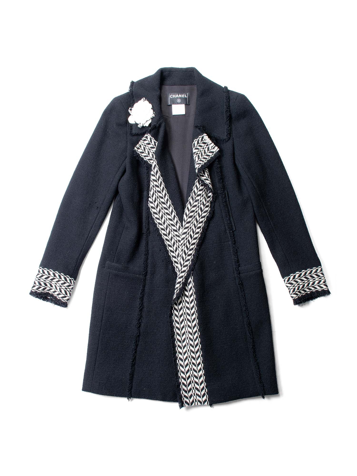 Chanel Tweed Camellia Flower Open Jacket Black White