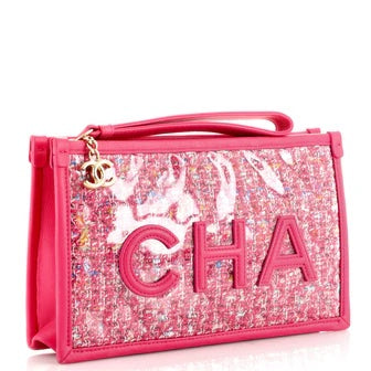 Chanel TWEED PVC LAMBSKIN WRISTLET Leather Clutch Bag