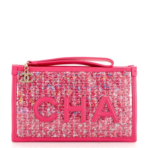 Chanel TWEED PVC LAMBSKIN WRISTLET Leather Clutch Bag