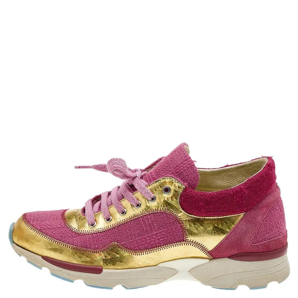 CHANEL PINK GOLD TWEED & FABRIC CC SNEAKERS