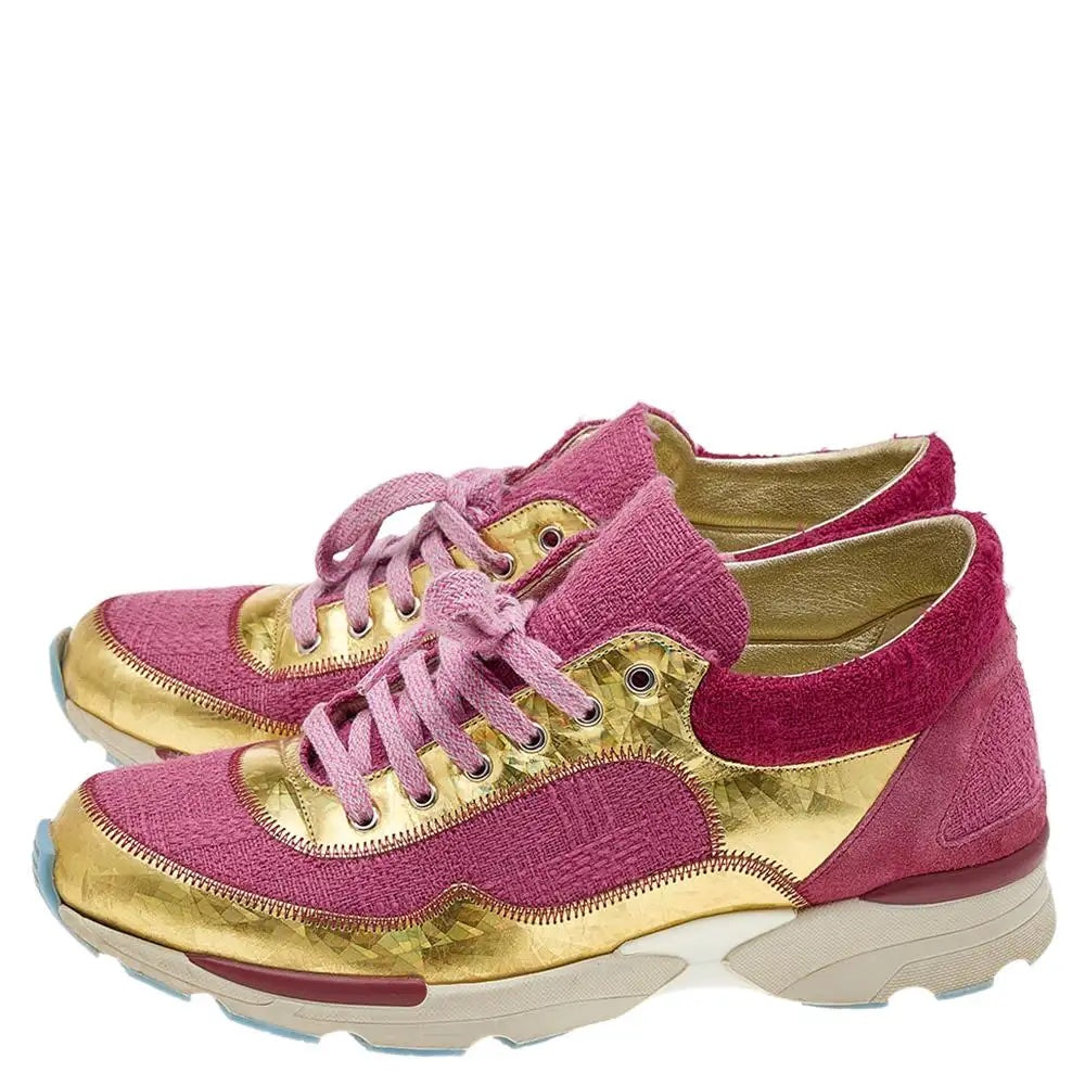 CHANEL PINK GOLD TWEED & FABRIC CC SNEAKERS
