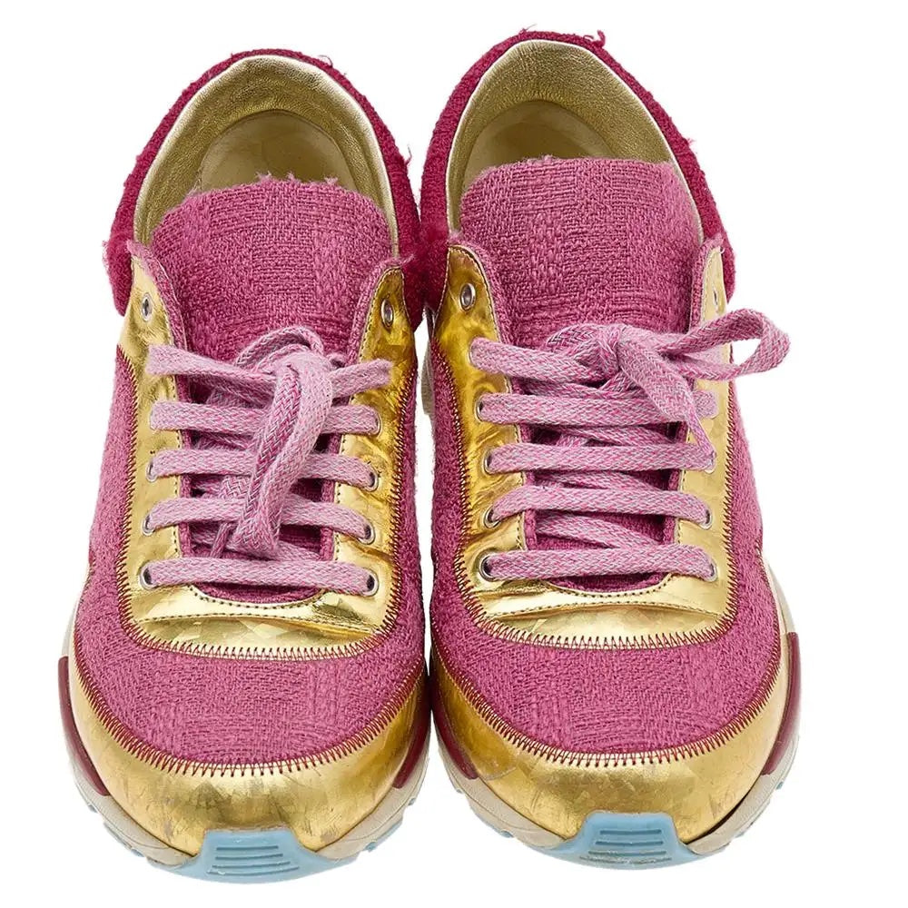CHANEL PINK GOLD TWEED & FABRIC CC SNEAKERS