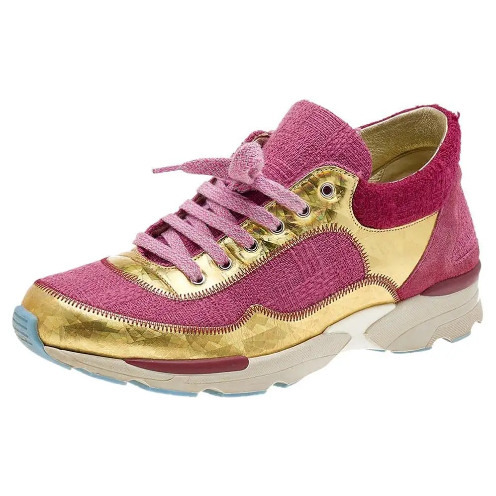 Chanel Pink Gold Tweed & Fabric CC Sneakers for Women