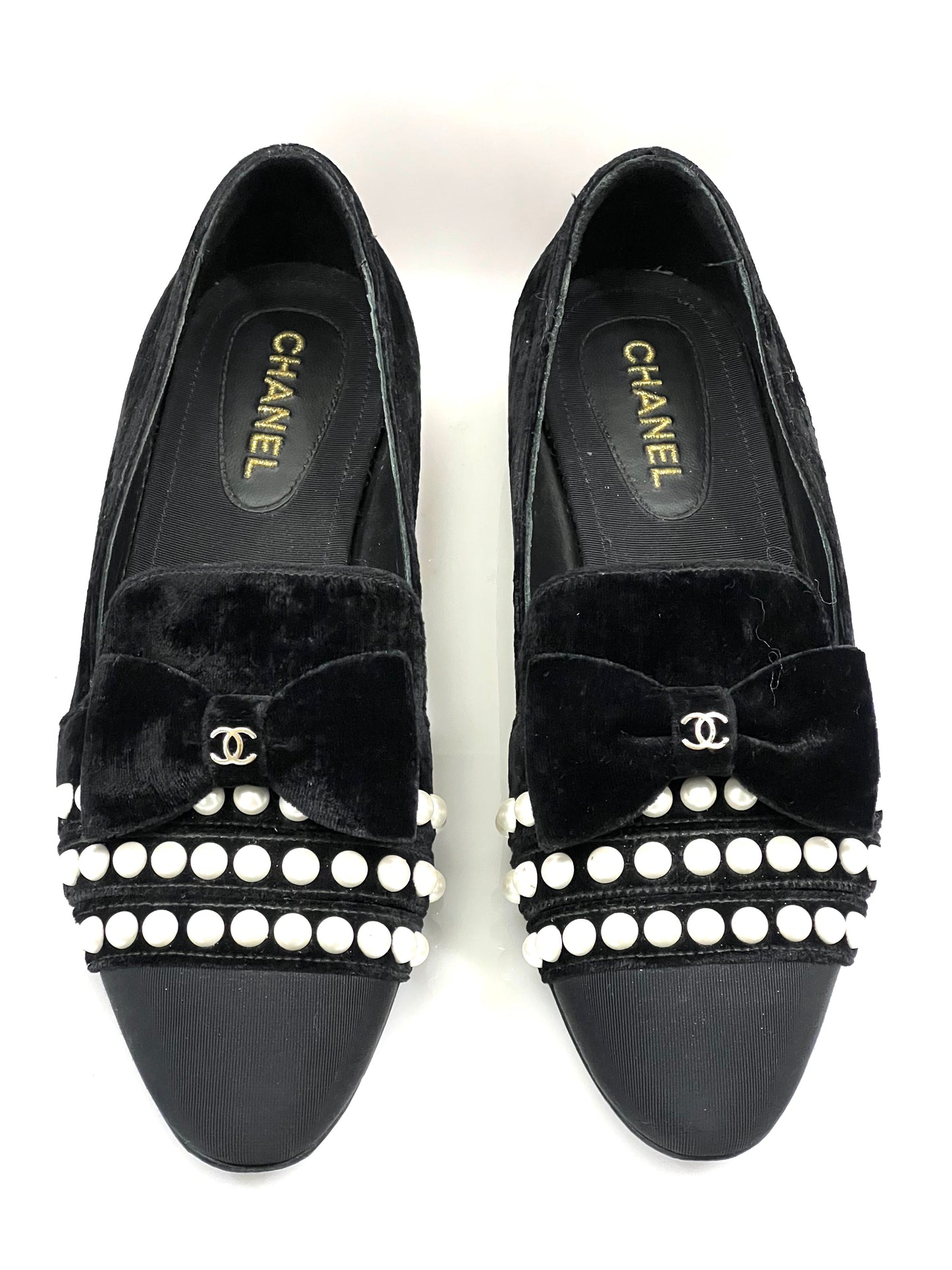 CHANEL VELVET GROSGRAIN PEARLS MOCCASIN LOAFERS
