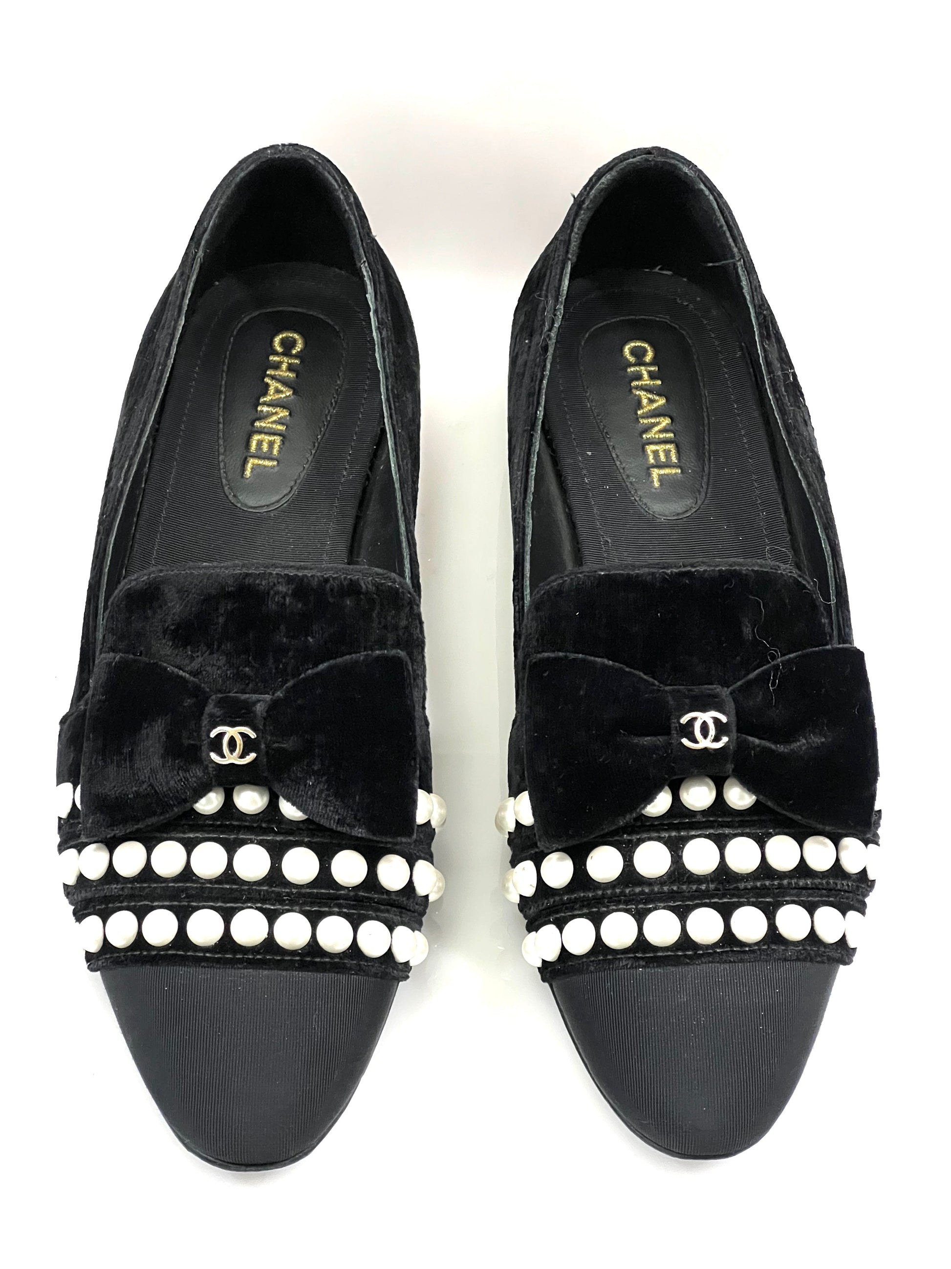 CHANEL VELVET GROSGRAIN PEARLS MOCCASIN LOAFERS