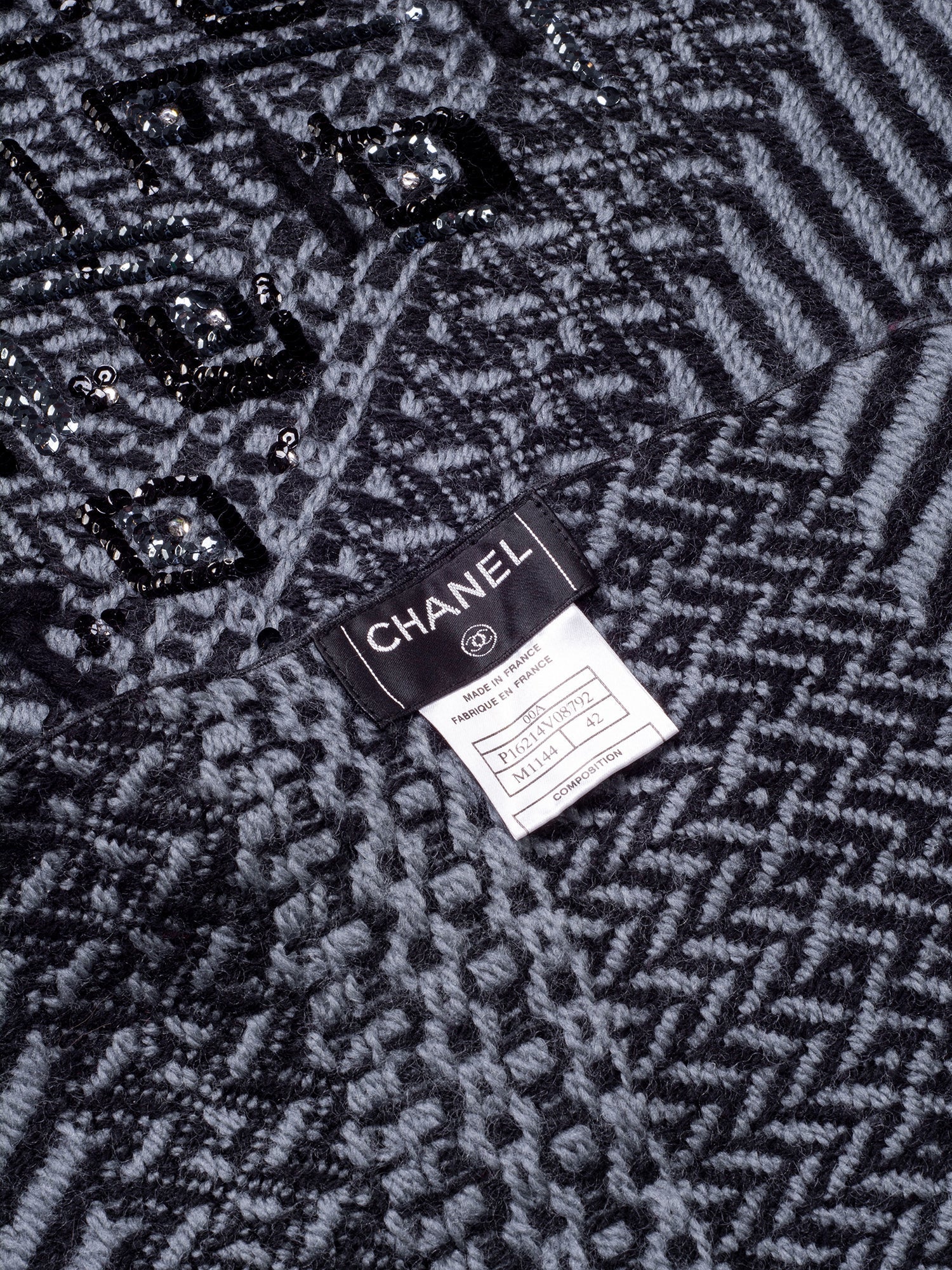 Chanel Wool Sequin Embroidered Scarf Grey Black
