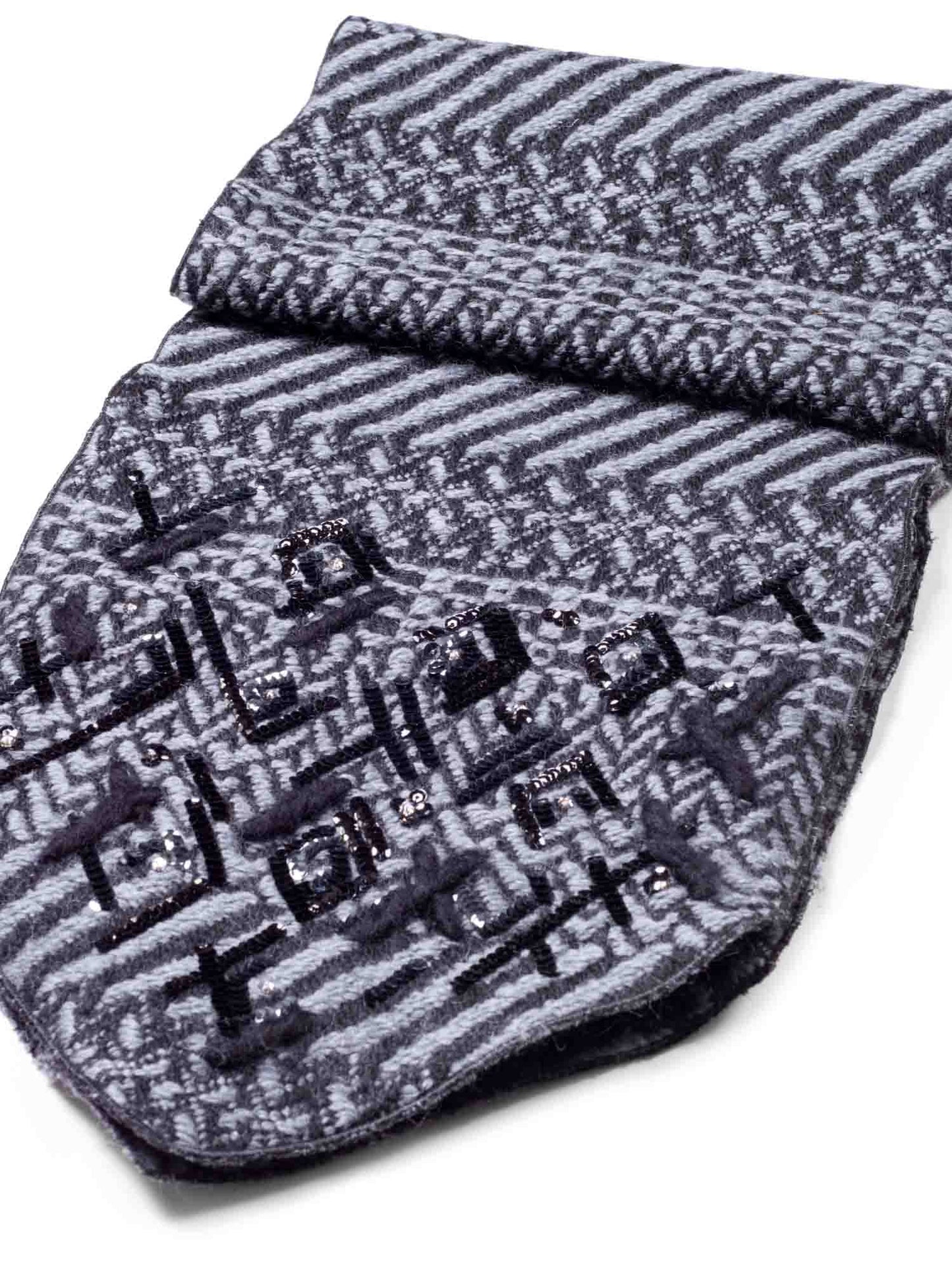 Chanel Wool Sequin Embroidered Scarf Grey Black