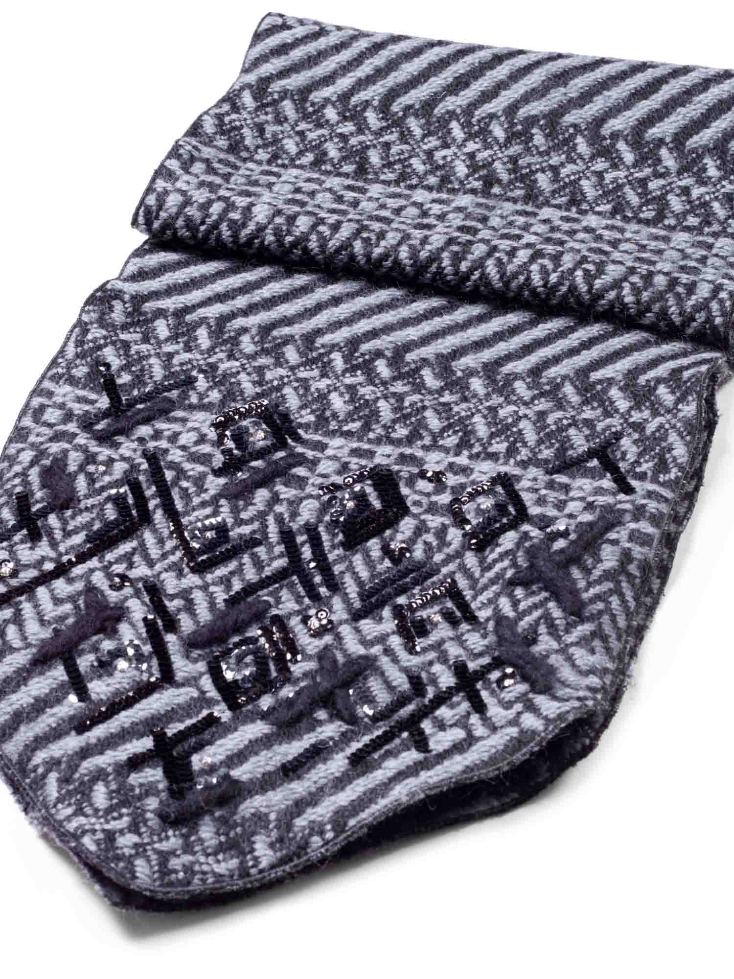 Chanel Wool Sequin Embroidered Scarf Grey Black