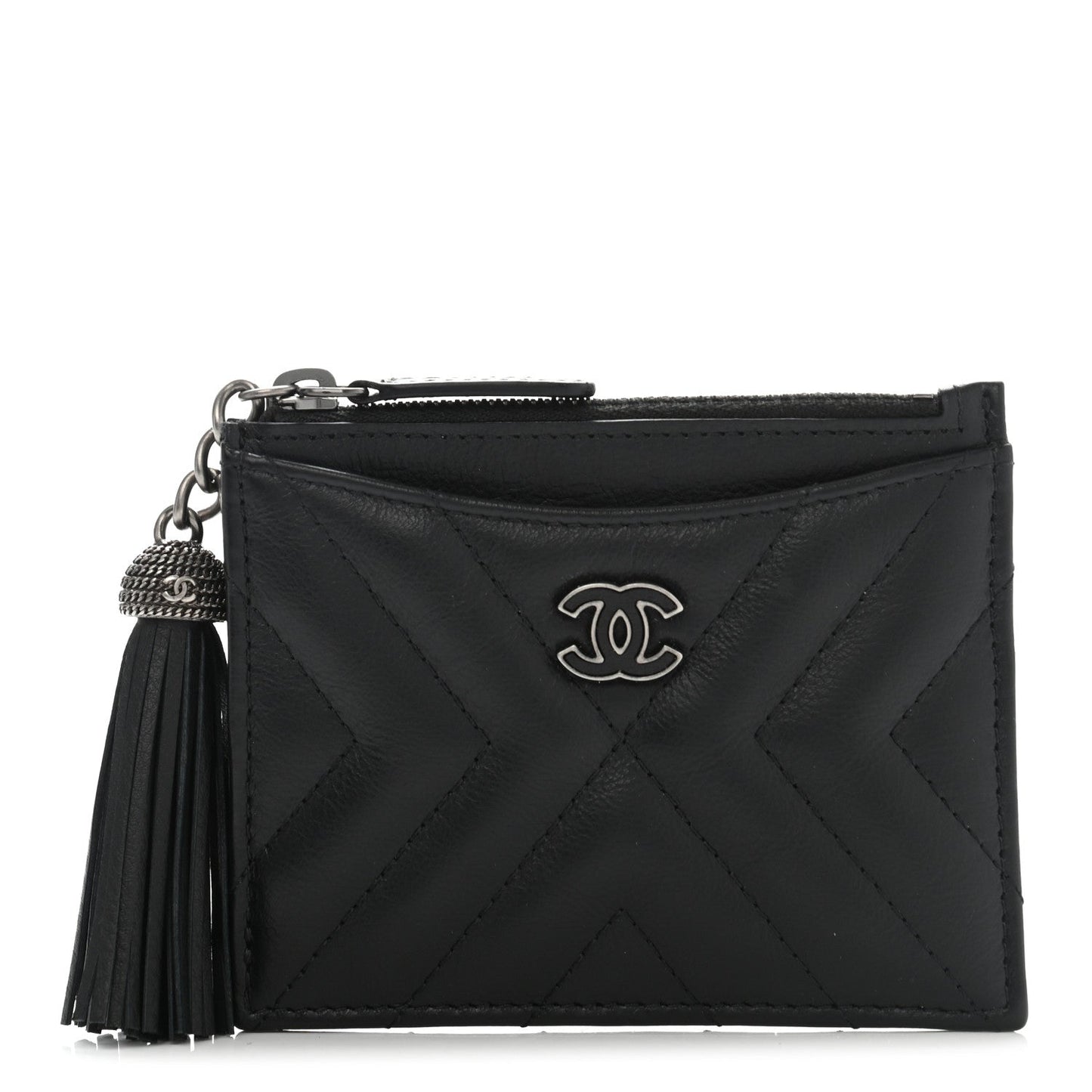 Chanel Leather Chevron Mini Tassel Zip Pouch Bag