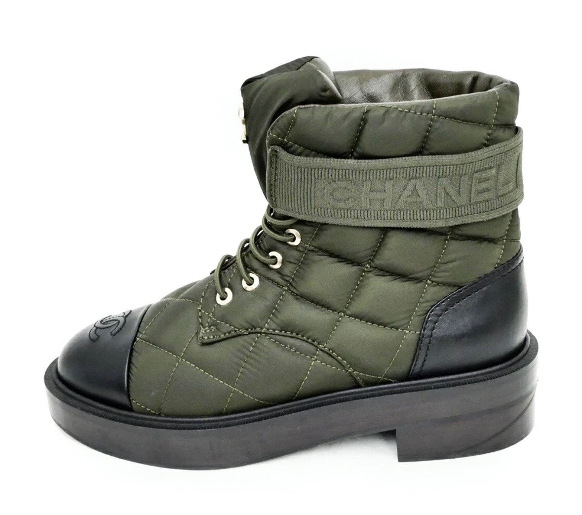 CHANEL OLIVE AND BLACK BOOTIES