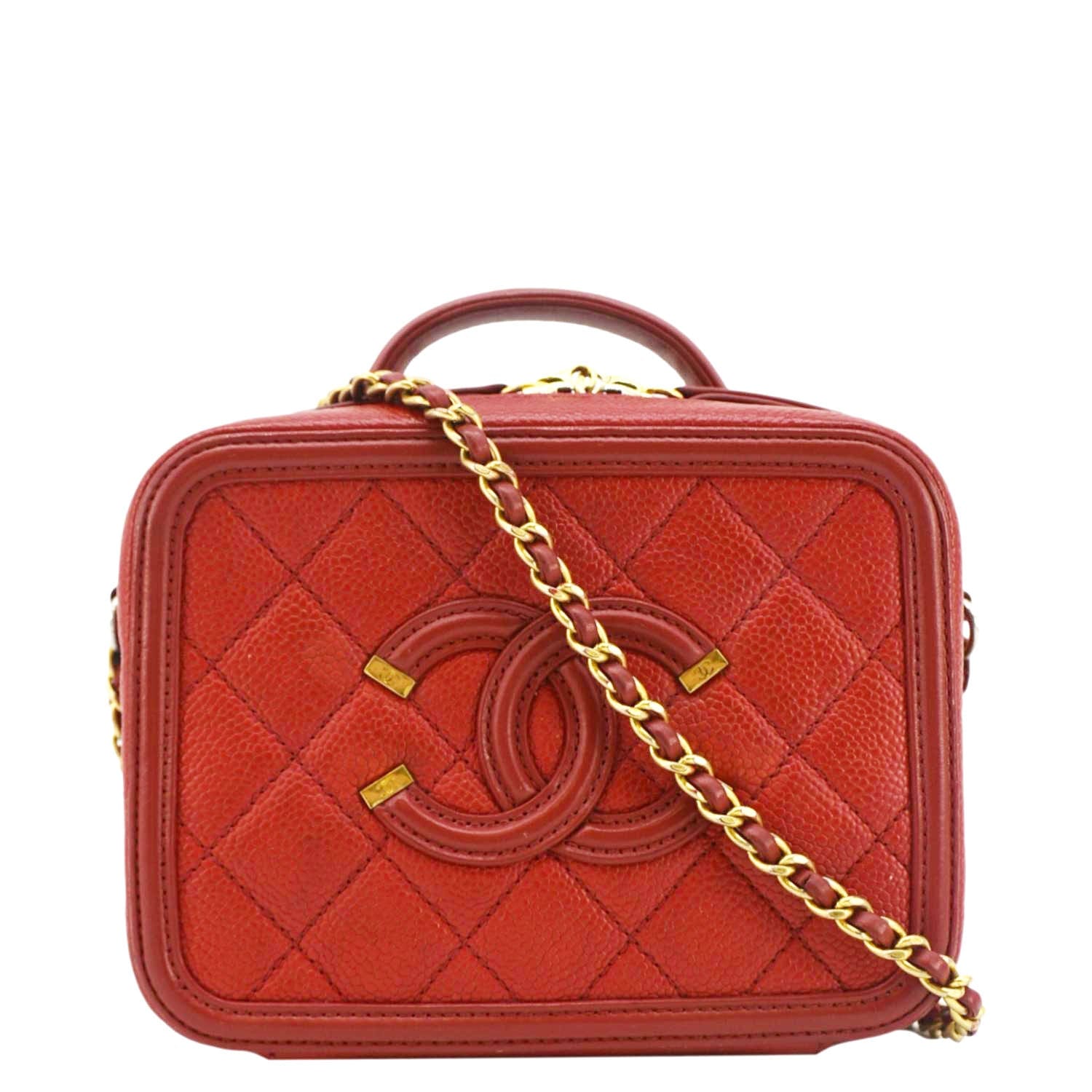 Chanel Vanity Case Filigree CC Caviar Quilted Shoulder Bag Red