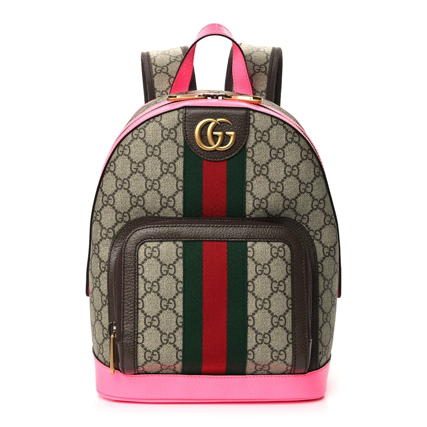 Gucci GG Supreme Monogram Textured Dollar Calfskin Web Small Ophidia Day Backpack Beige Ebony Fluorescent Fuchsia