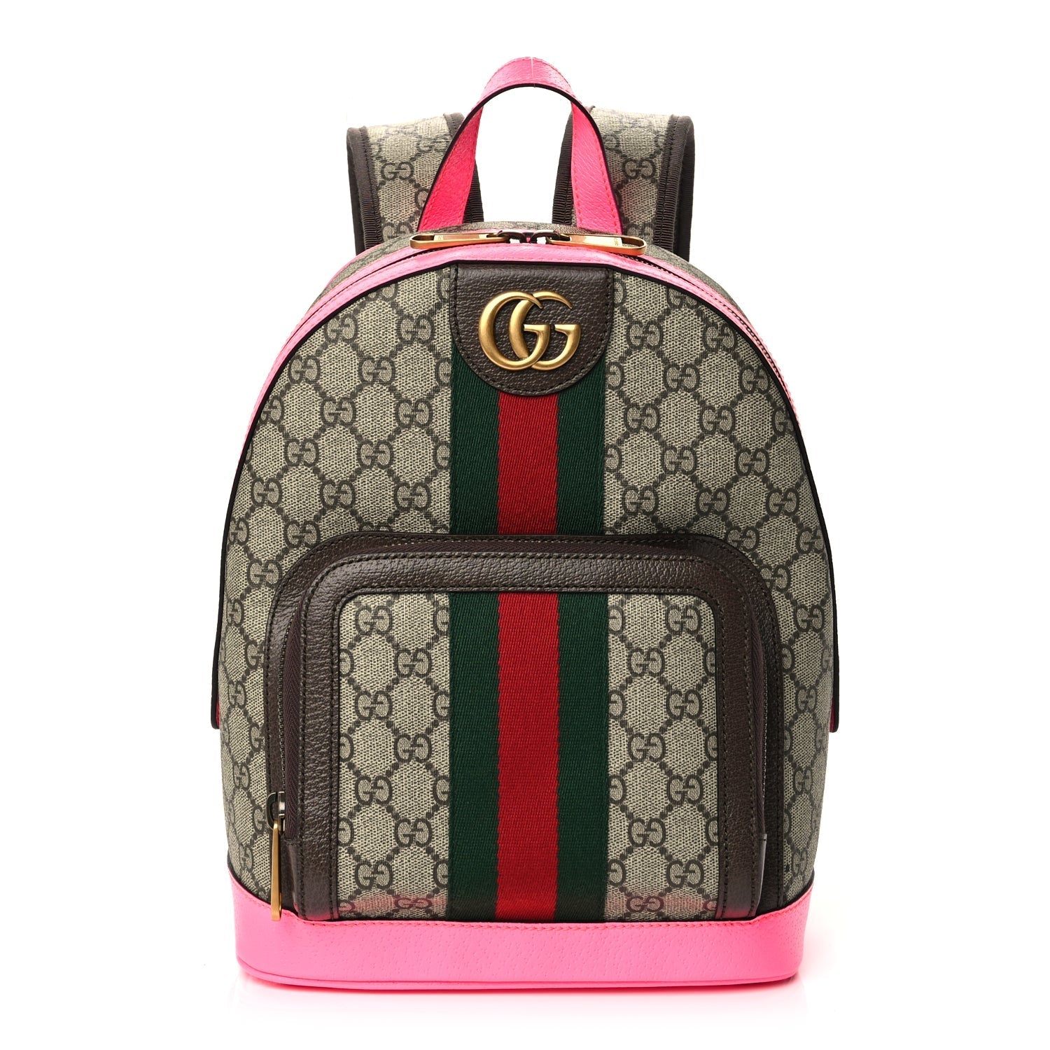Gucci GG Supreme Monogram Textured Dollar Calfskin Web Small Ophidia Day Backpack Beige Ebony Fluorescent Fuchsia