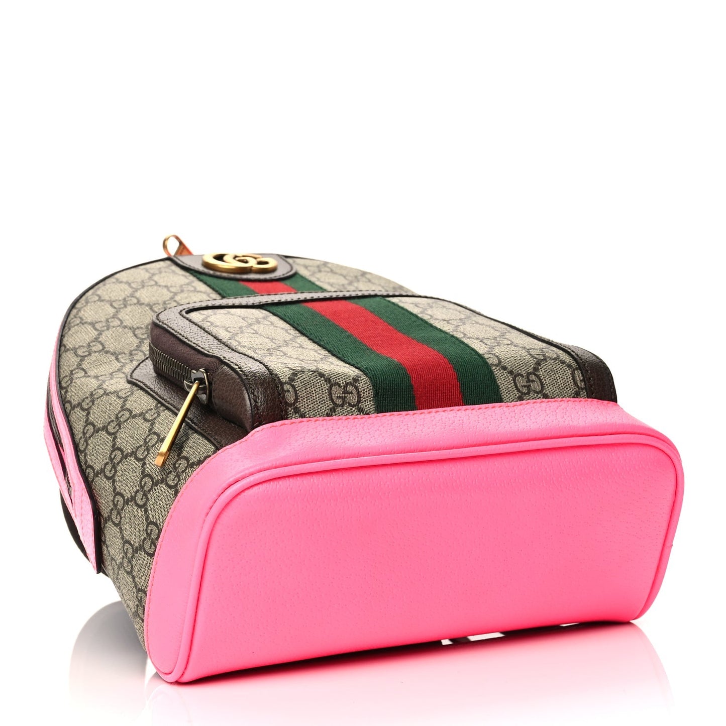 Gucci GG Supreme Monogram Textured Dollar Calfskin Web Small Ophidia Day Backpack Beige Ebony Fluorescent Fuchsia
