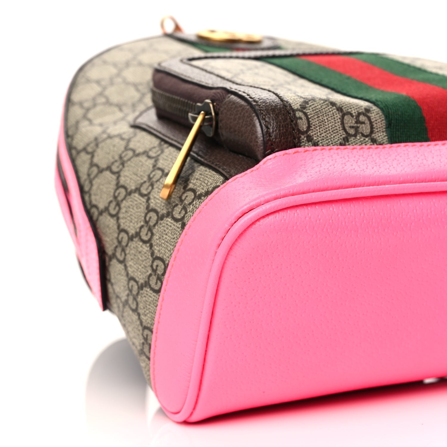 Gucci GG Supreme Monogram Textured Dollar Calfskin Web Small Ophidia Day Backpack Beige Ebony Fluorescent Fuchsia