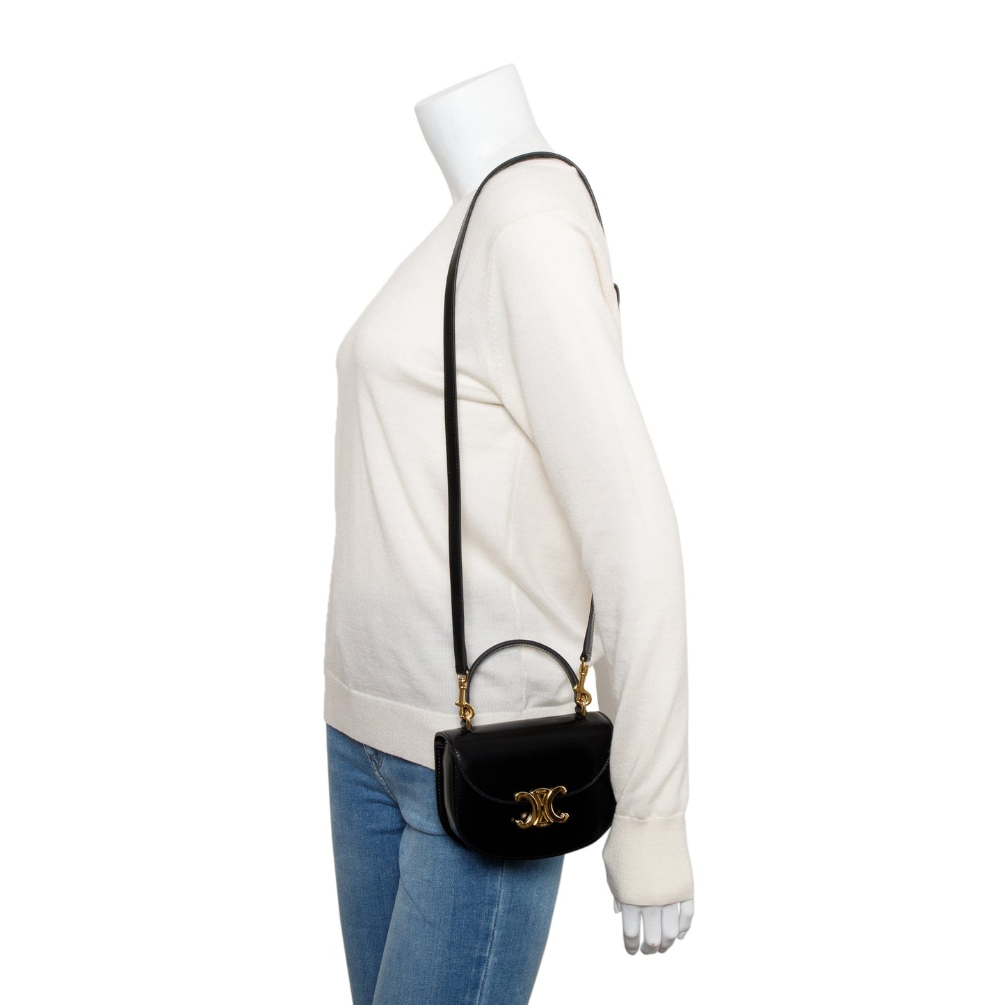 Celine Shiny Calfskin Besace Clea Shoulder Bag Leather Black