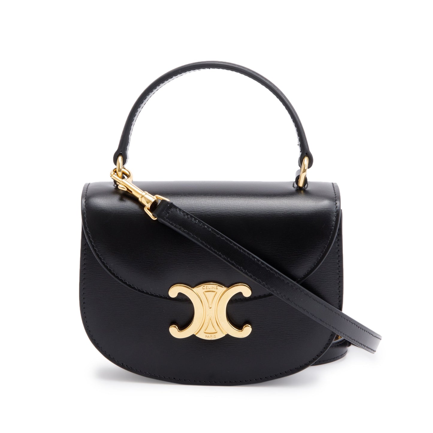 Celine Shiny Calfskin Besace Clea Shoulder Bag Leather Black