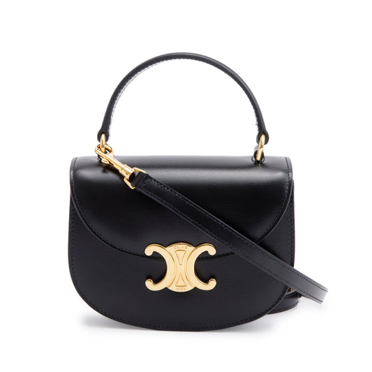 Celine Shiny Calfskin Besace Clea Shoulder Bag Leather Black