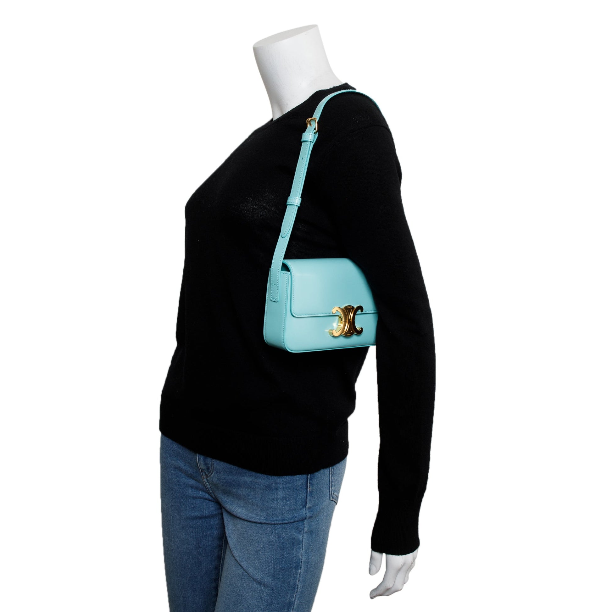 Celine Smooth Calfskin Triomphe Claude Shoulder Bag Leather Blue
