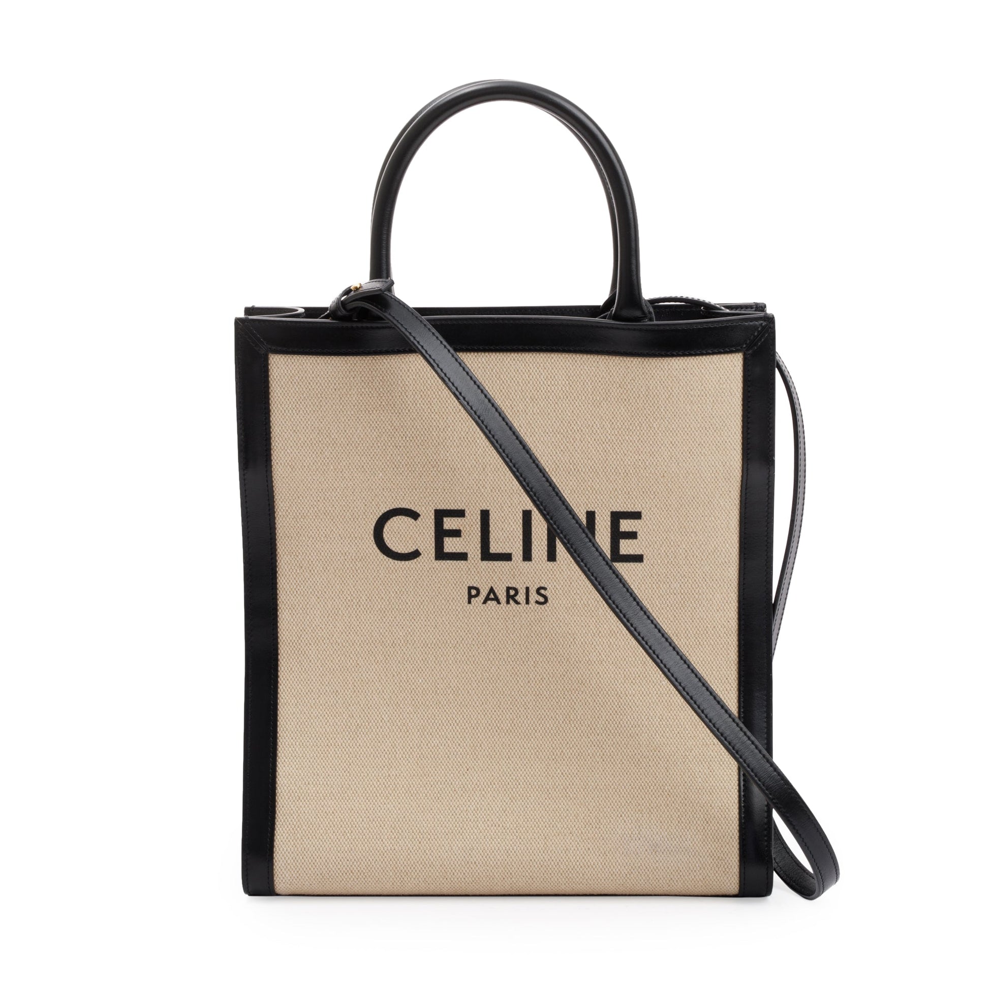 Celine Small Calfskin Logo Vertical Cabas Tote Handbag Canvas Black Tote Bag