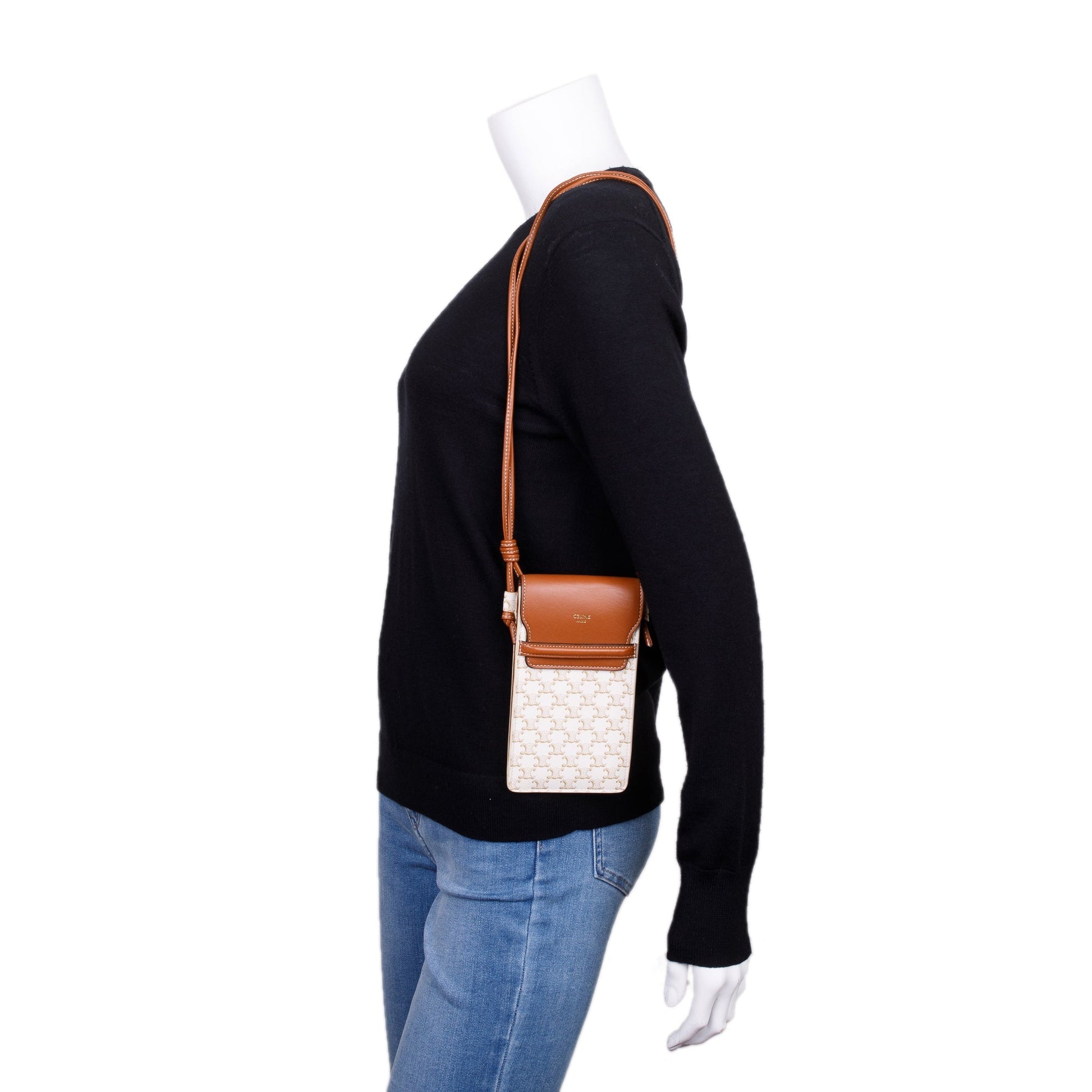 Celine Triomphe & Tan Lambskin Flap Phone Pouch Leather Canvas Travel Bag