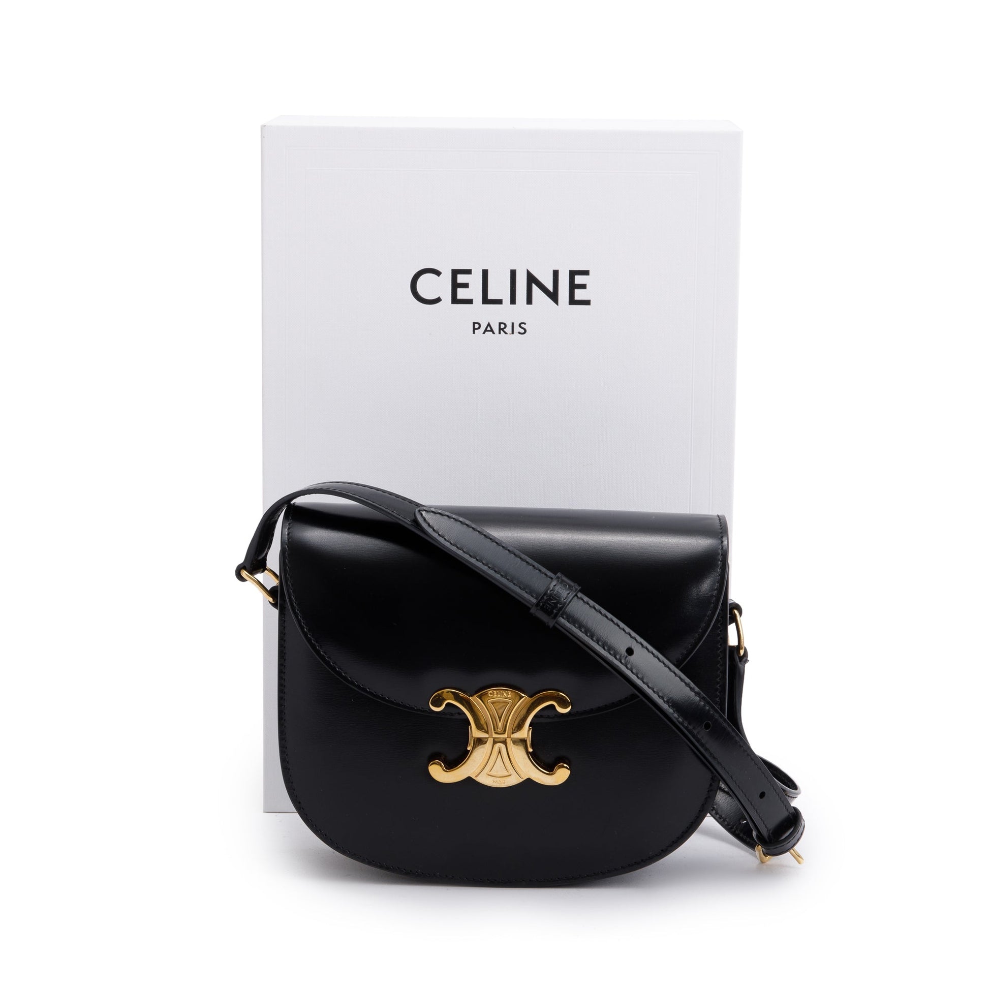 Celine Shiny Calfskin Teen Triomphe Shoulder Bag Leather Black