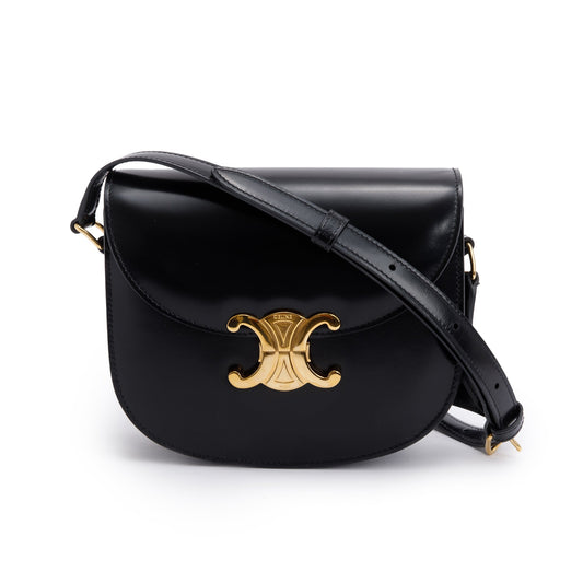 Celine Shiny Calfskin Teen Triomphe Shoulder Bag Leather Black