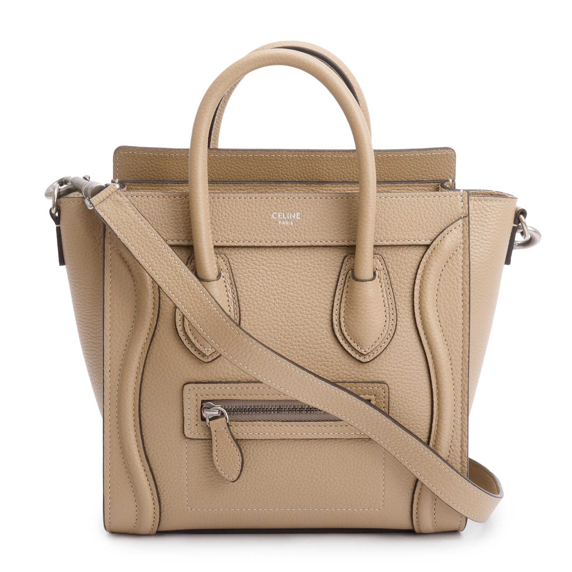 Celine Drummed Calfskin Nano Luggage Tote Handbag Leather Beige Tote Bag