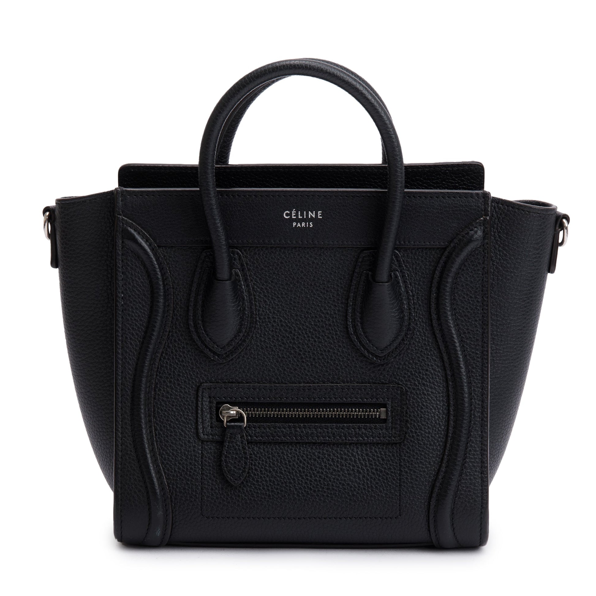 Celine Drummed Calfskin Nano Luggage Tote Handbag Leather Black Tote Bag
