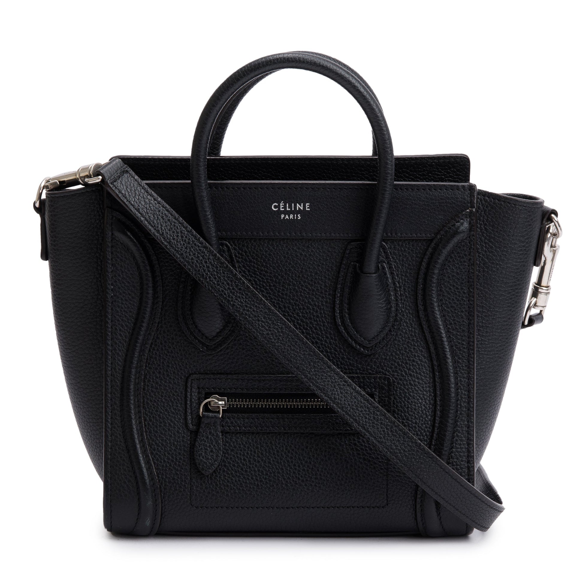 Celine Drummed Calfskin Nano Luggage Tote Handbag Leather Black Tote Bag