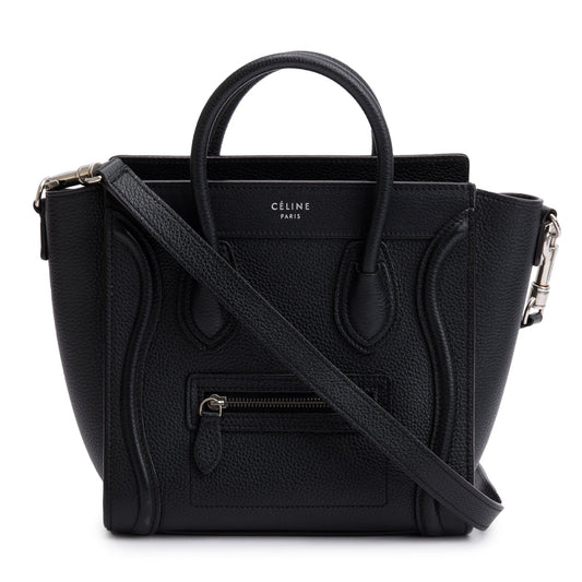 Celine Drummed Calfskin Nano Luggage Tote Handbag Leather Black Tote Bag