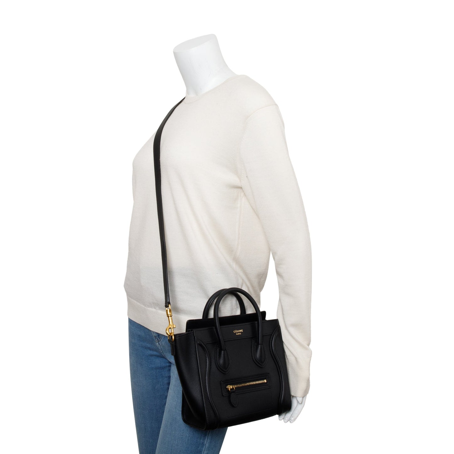 Celine Smooth Calfskin Nano Luggage Tote Handbag Leather Black Tote Bag
