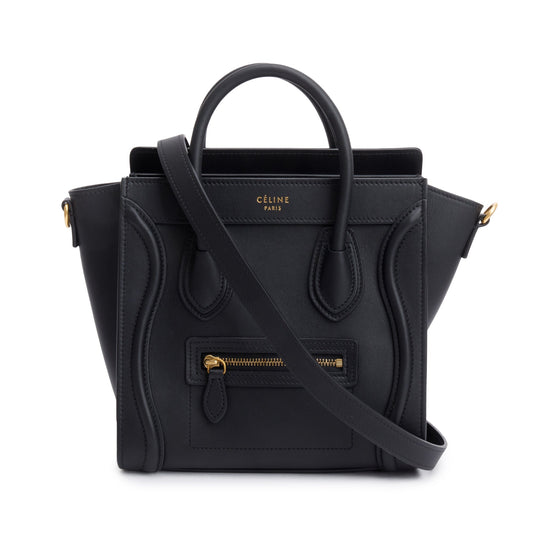Celine Smooth Calfskin Nano Luggage Tote Handbag Leather Black Tote Bag