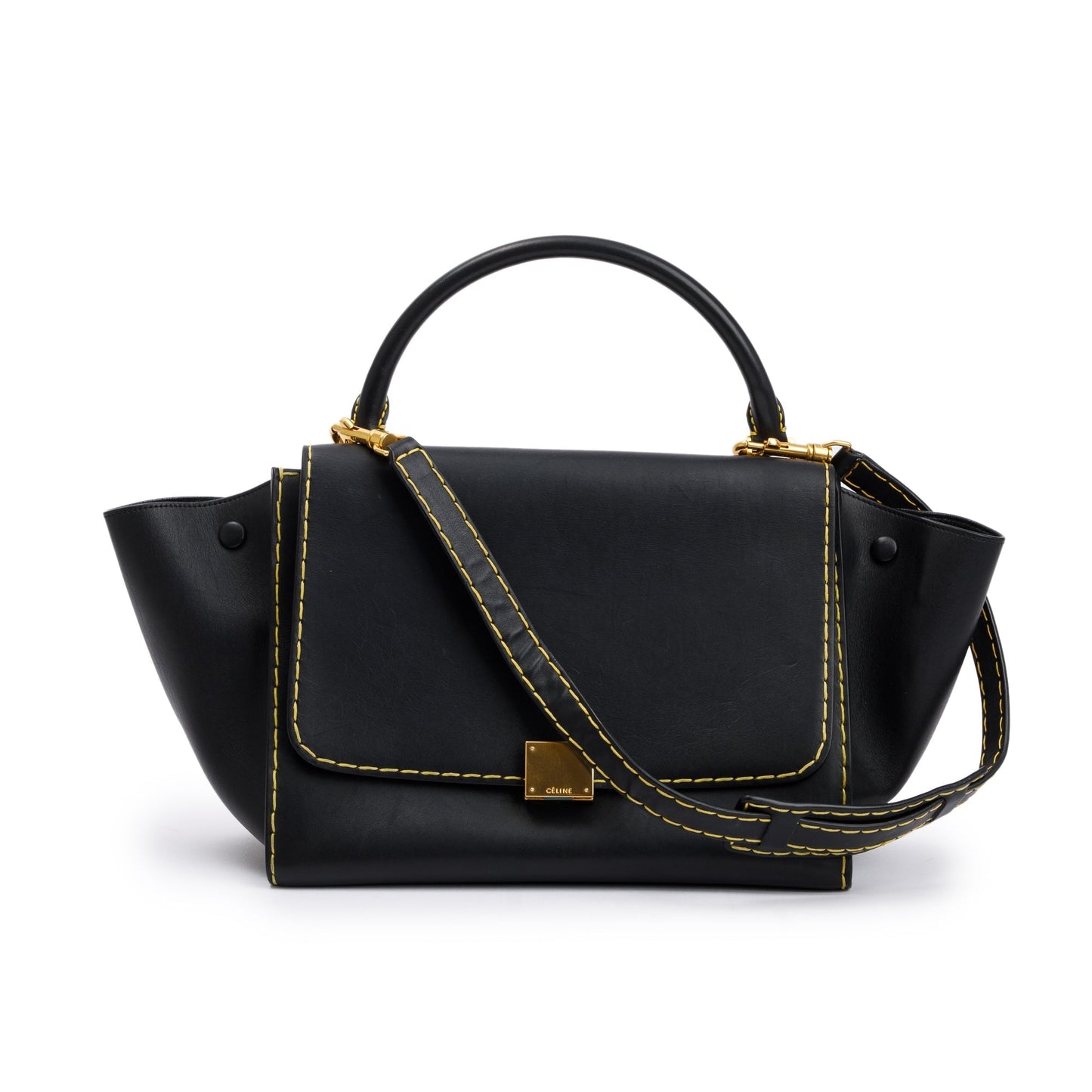 Celine Smooth Calfskin Yellow Stitching Trapeze Bag Leather Black Travel Bag