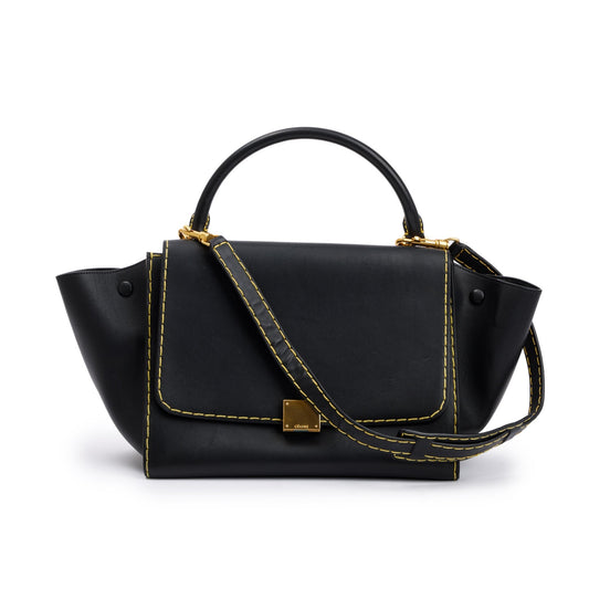 Celine Smooth Calfskin Yellow Stitching Trapeze Bag Leather Black Travel Bag