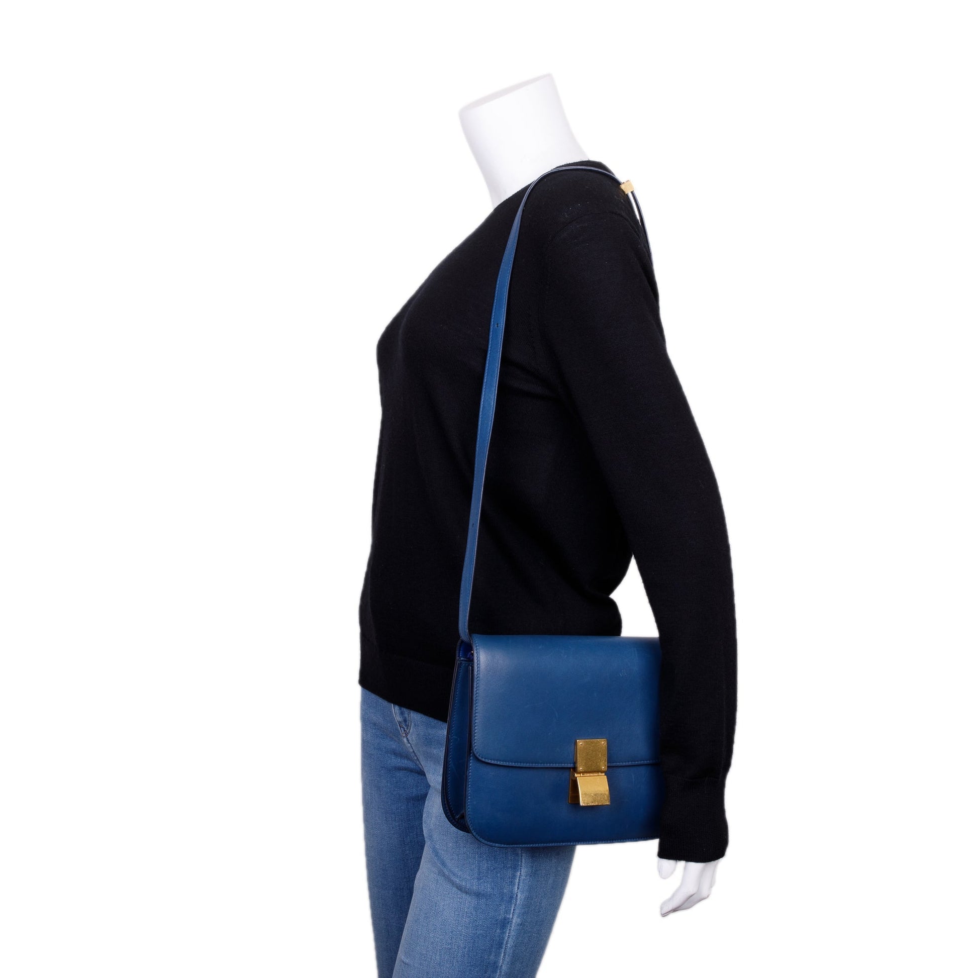 Celine Smooth Calfskin Classic Box Bag Blue Medium Travel Bag