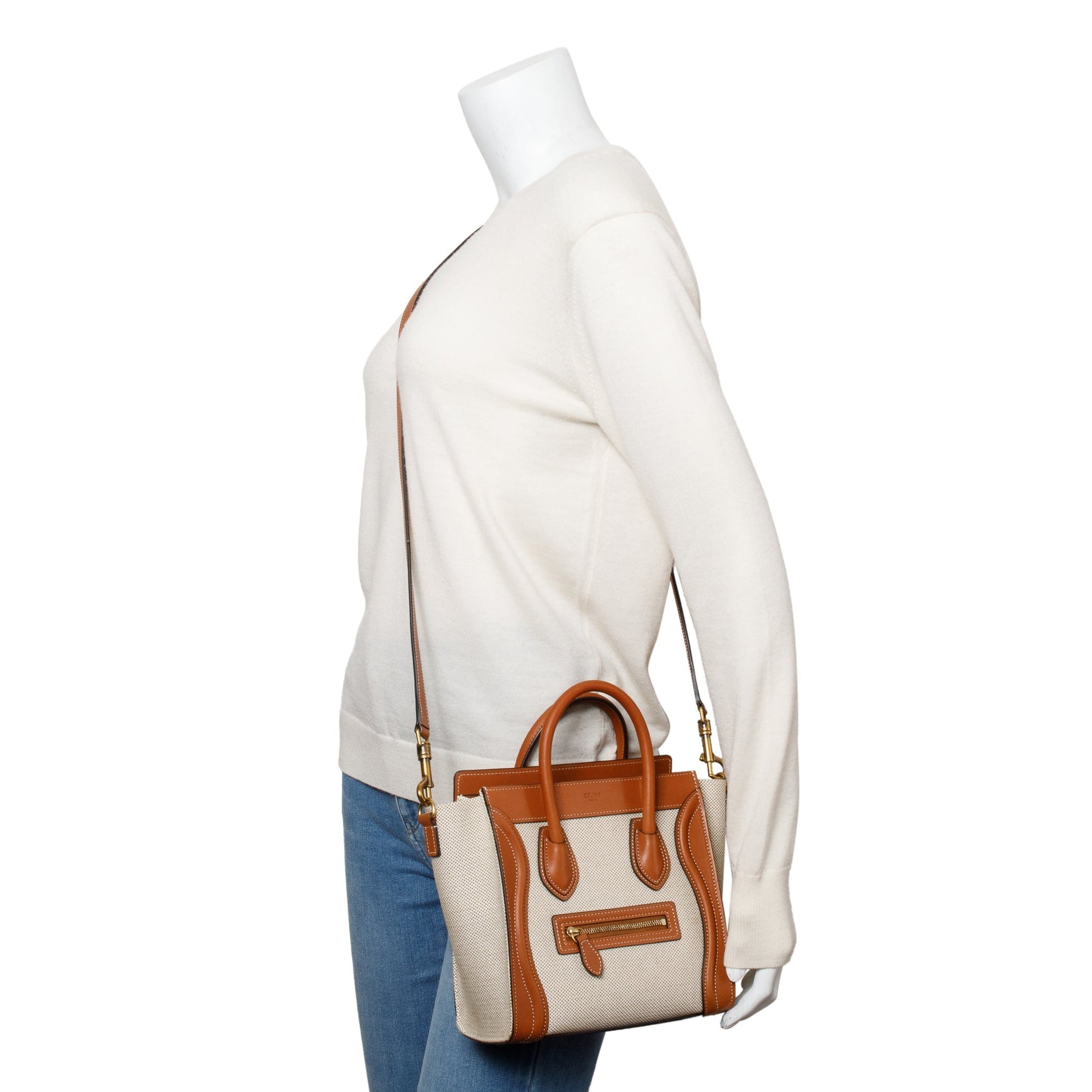 Celine Neutral Calfskin Nano Luggage Tote Handbag Leather Canvas Tote Bag