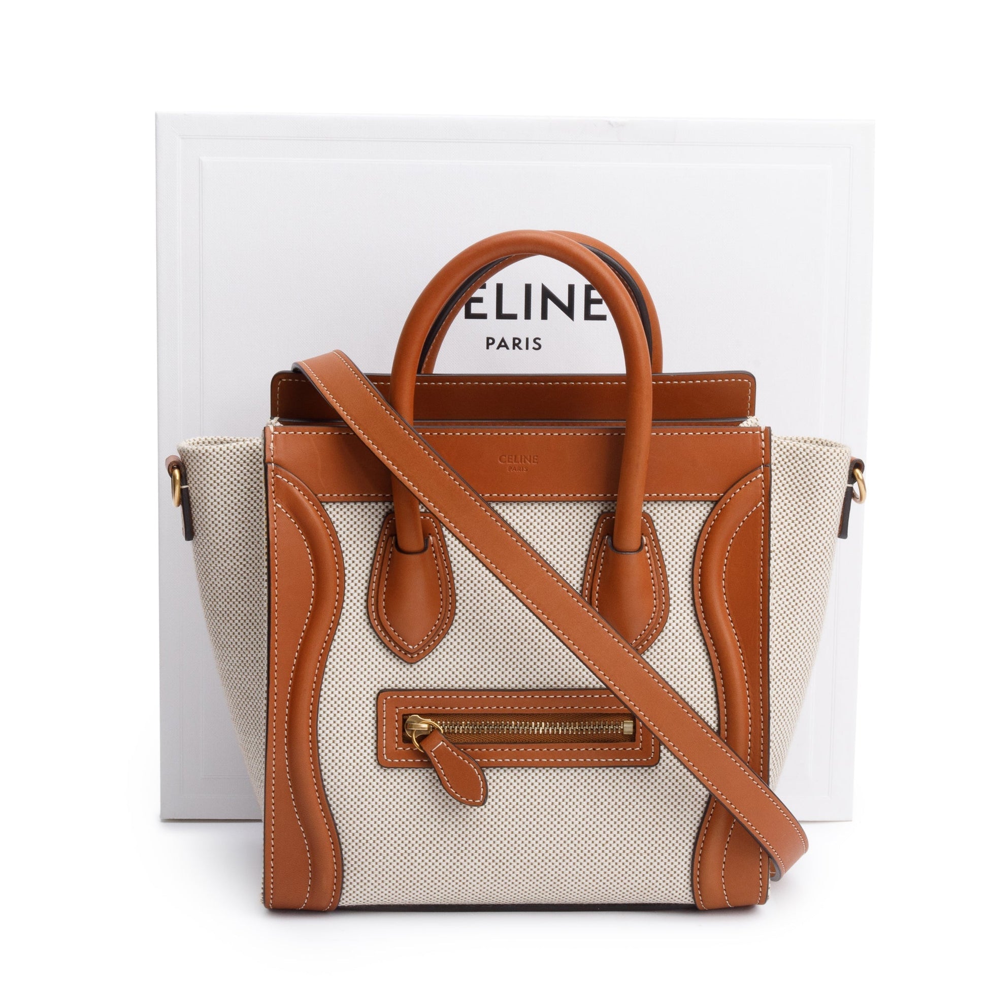Celine Neutral Calfskin Nano Luggage Tote Handbag Leather Canvas Tote Bag