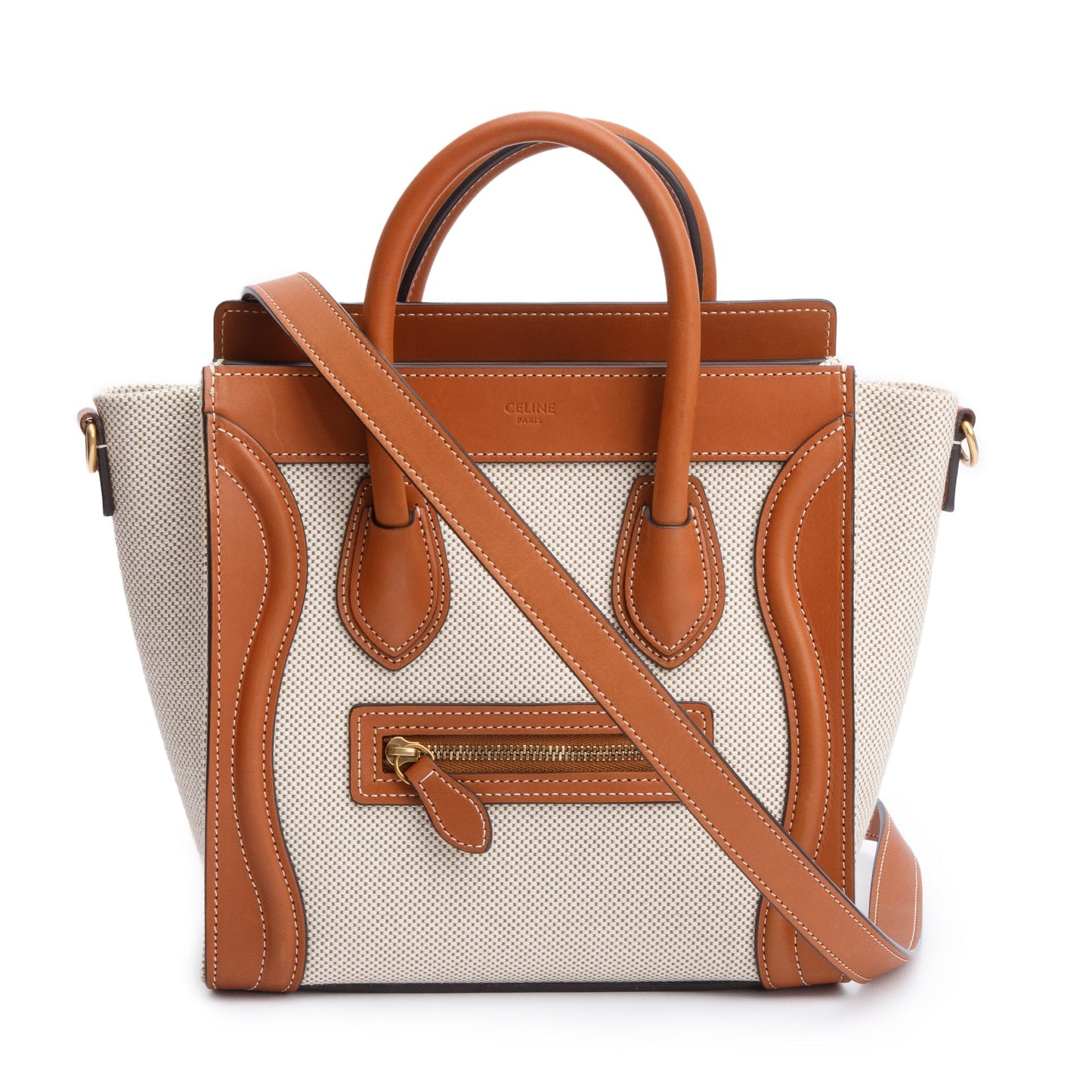 Celine Neutral Calfskin Nano Luggage Tote Handbag Leather Canvas Tote Bag