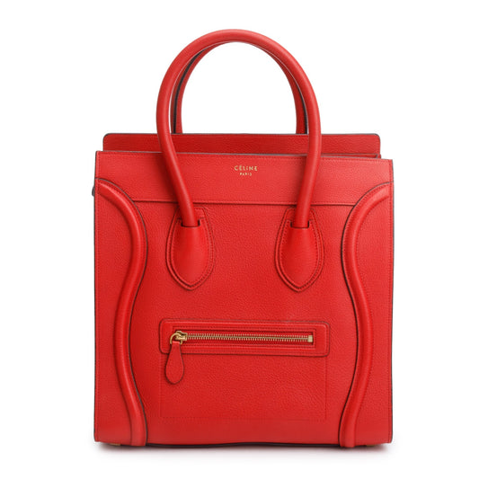 Celine Drummed Calfskin Luggage Tote Handbag Leather Red Tote Bag